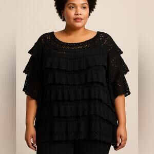 Denim 24/7 Black Sheer Crochet Ruffle Layered Top Womens 2X Boho Festival Tunic